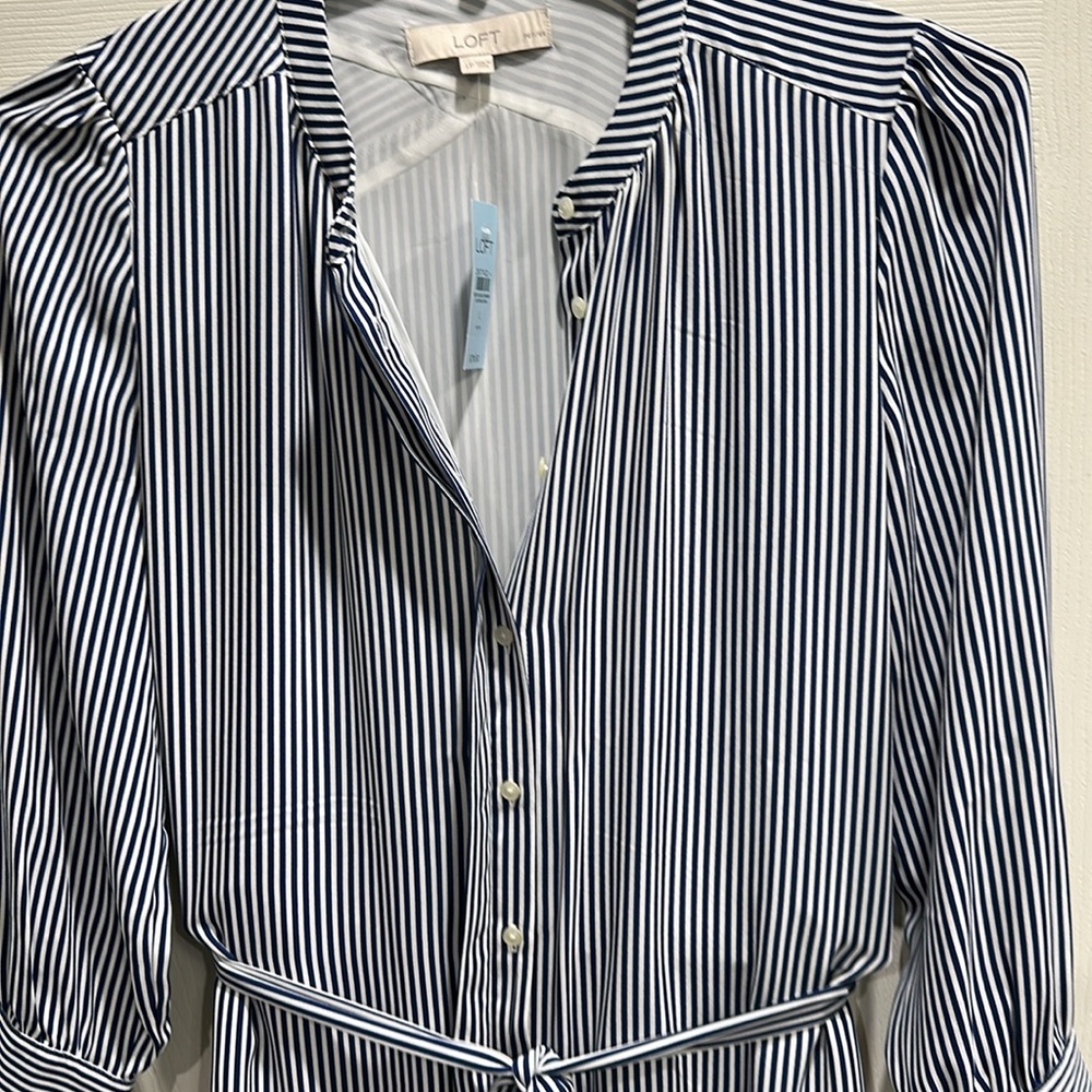 NWT LOFT Navy and White Striped Shirt Dress - Picture 3 of 6